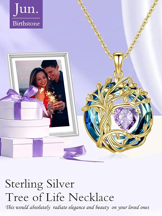 TOUPOP Christmas Gifts Tree of Life Birthstone Necklace 925 Sterling Silver Pendant Austrian Crystal Jewelry Anniversary Birthday Gifts for Women Mom Her Wife
