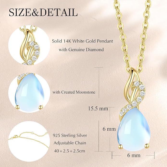 FANCIME 14K Solid Yellow Gold Teardrop Pendant with Diamond Birthstone Necklace Birthday Gifts for Mom Women, Sterling Silver Chain 16" + 2" Extender