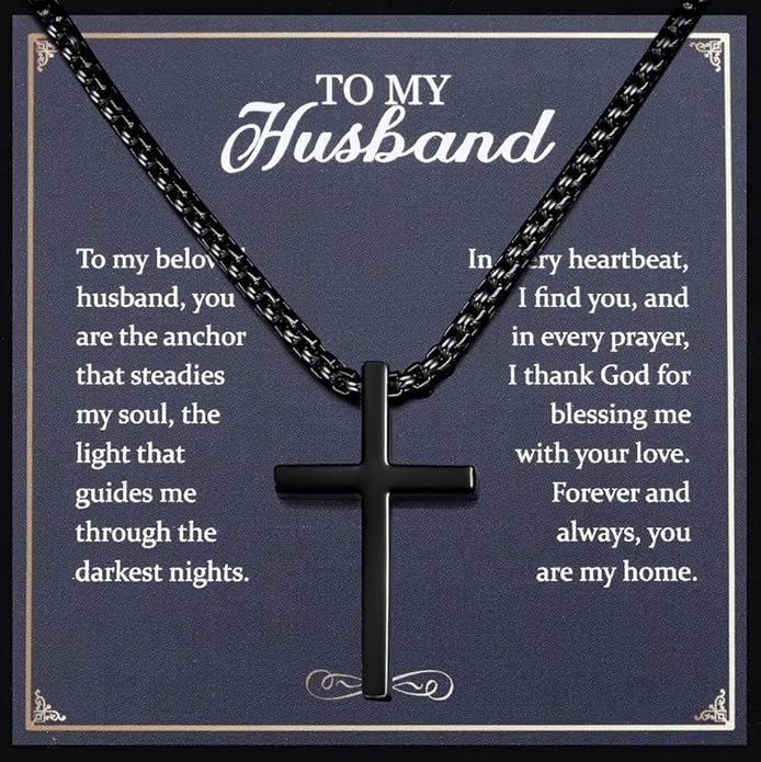 TEN MIRO Silver/Black Cross Necklace for Men Boy Stainless Steel Cross Pendant Necklace for Men Christian Religious Jewelry with Box & Card Birthday Anniversary Christmas Father's Day Gifts for Him