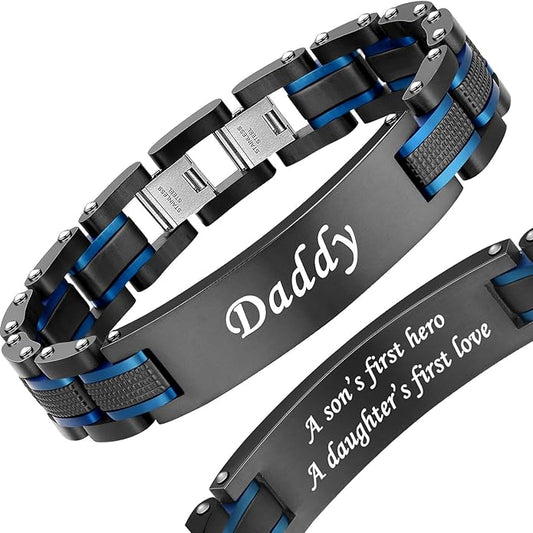Holizaly Men's Stainless Steel Two Tone Square Link Bracelet, Black and Blue Ion Plated Black