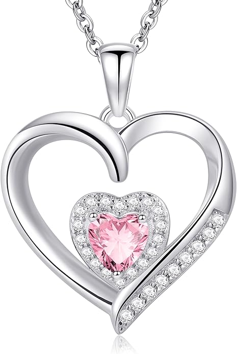 GLIVEOR Heart Birthstone Necklace for Women,S925 Sterling Silver Necklace Birthstone Necklace Heart Necklace for Women Birthday Jewelry Gifts for Women