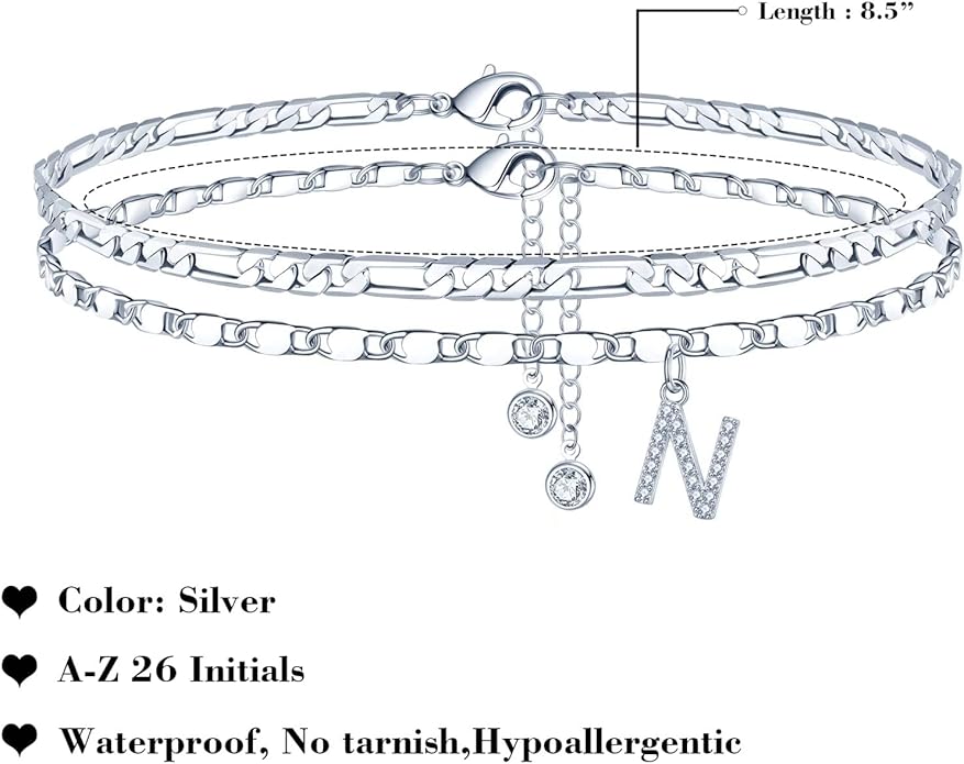Ursteel Ankle Bracelets for Women, 14K-Gold-Plated Dainty Layered Chain CZ Initial Anklets Set Summer Jewelry Gifts for Women