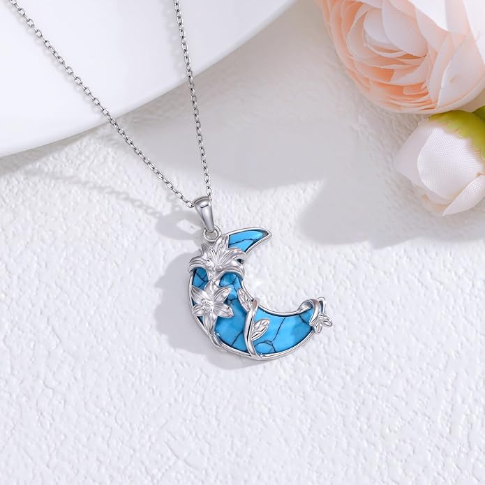 SELKAT 925 Sterling Silver Turquoise Moon Pendant Necklace for Women, Snake/Flower/Bow/Tree of Life/Star Moon Necklace, Dainty Jewelry for Daily Wear & Gifts