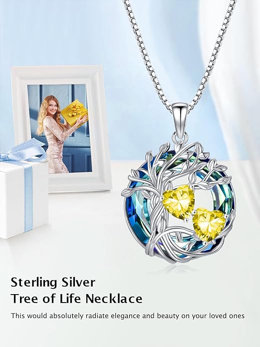 TOUPOP s925 Sterling Silver Family Celtic Tree of Life Pendant Necklaces with 2 Heart Birthstone with Blue Austrian Crystal Jewelry Birthday Anniversary Christmas Gifts for Her Wife Girlfriend Mom (18K Real White Gold Filled)