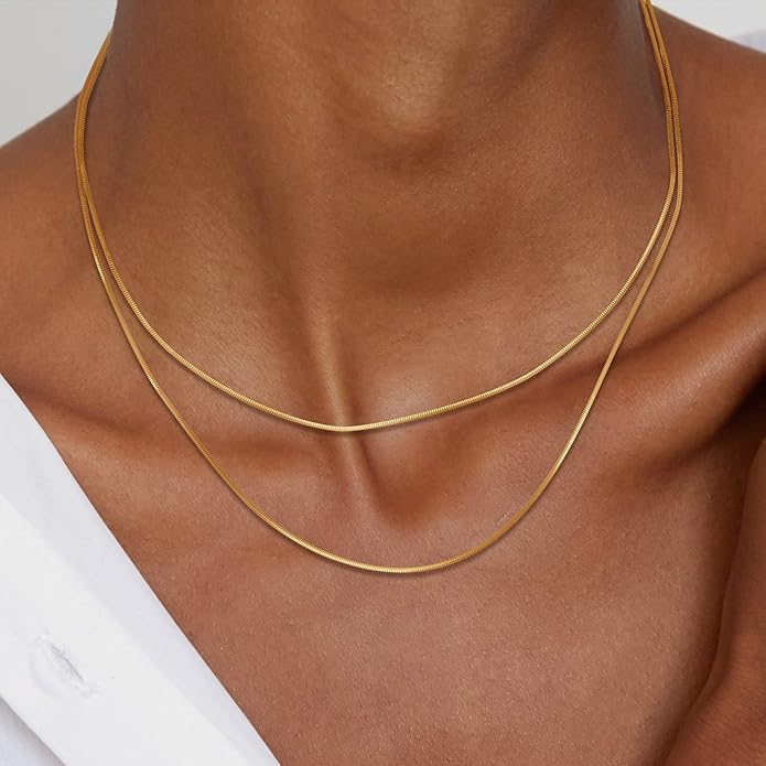 Freekiss Herringbone Necklace for Women,Dainty Gold Necklace,14k Gold Plated Snake,Gold Chain Choker Necklaces,Simple Gold Layered Necklaces,Gold Jewelry Gift for Women