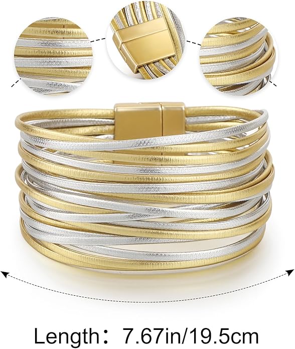 Edoneery Leather Wrap Bracelet for Women, Boho Handmade Multi-Layer Cuff with Crystal Beads Heart, Stackable Bangle Western Jewelry Gift