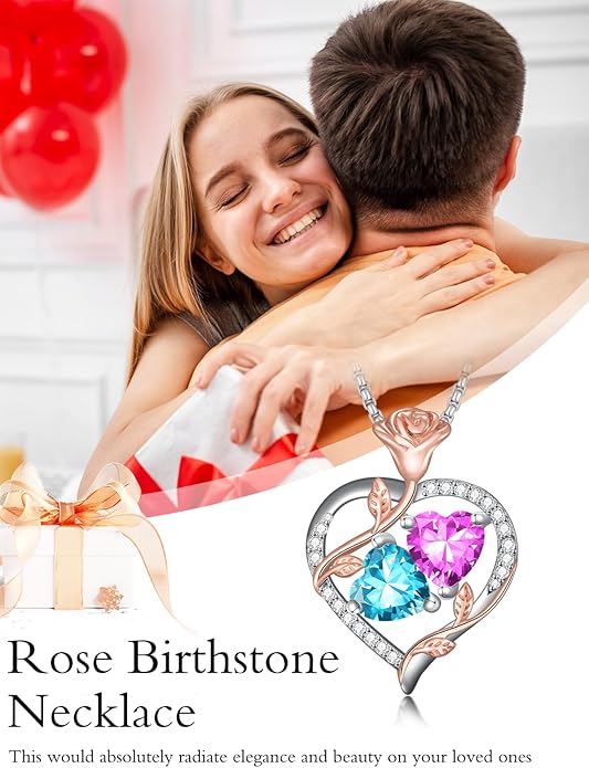 Christmas Gifts for Women Rose Heart Birthstone Pendant Necklace I Love You Forever Jewelry Valentine Mothers Day Birthday Gifts for Women Her Wife Girlfriend