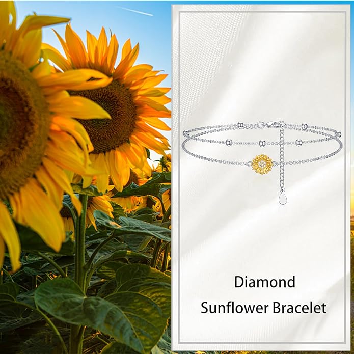 Diamond Sunflower Bracelet 925 Sterling Silver Sunflower Bracelet Gift for Women Mom Wife,7"+2"