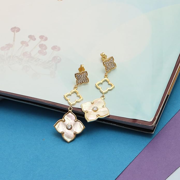 LeCalla 925 Sterling Silver Drop Earrings | Mother of Pearl Clover Earring | Mother of Pearl Stud Earring | Zirconia MOP Drop Dangle Hoop Earrings for Women