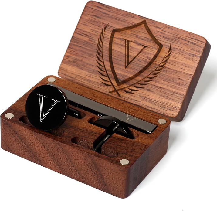 Mens Initial Cufflinks and Tie Clip A-Z Alphabet Letter Black Stainless Cuff Links Tie Bar with Engraved Walnut Wood Box Groom Groomsman Wedding Set