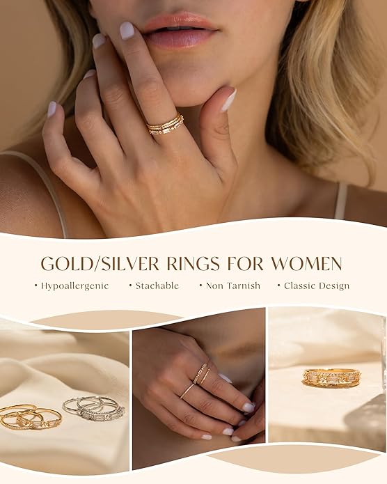 FUNEIA Stackable Silver Gold Rings for Women Non Tarnish 14K Gold Plated Thumb Cubic Zirconia Rings for Women Dainty Pinky Promise Wedding Ring Set Women's Engagement Eternity Band Rings Gold Jewelry