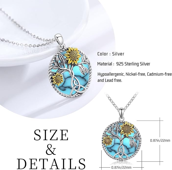 CHENGHONG Sunflower Necklace 925 Sterling Silver Tree of Life Necklace Daisy/Rose/Sunflower Pendant Necklace Sunflower Jewelry Gifts for Women Mom