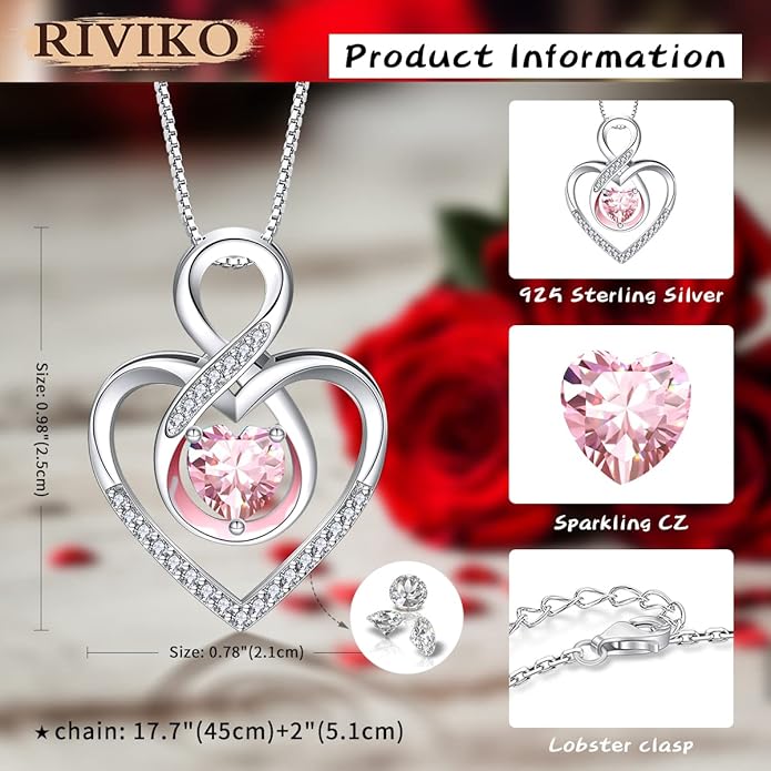 RIVIKO Infinity Heart Symbol Necklace for Women 925 Sterling Silver Love Heart Pendant Valentine's Day Mother's Day Anniversary Birthday Christmas Jewelry Gifts for Women Mom Wife Sister Her Friends