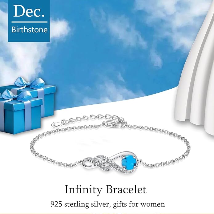 Birthstone Bracelets for Women 925 Sterling Silver Created Gemstone Bracelet Infinity Pendant Jewelry for Her, 6.7"+1.2"