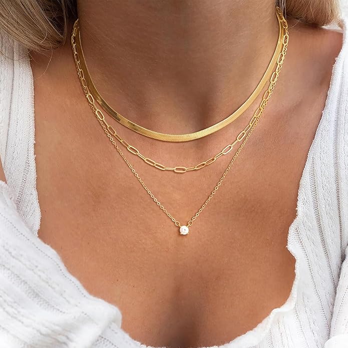 Layered Gold Necklace for Women Dainty 14K Gold/Silver Plated Stacked Necklace for Women Trendy Cuban Paperclip Herringbone Chain Diamond Pendant Necklaces Jewelry Set Accessories Gift