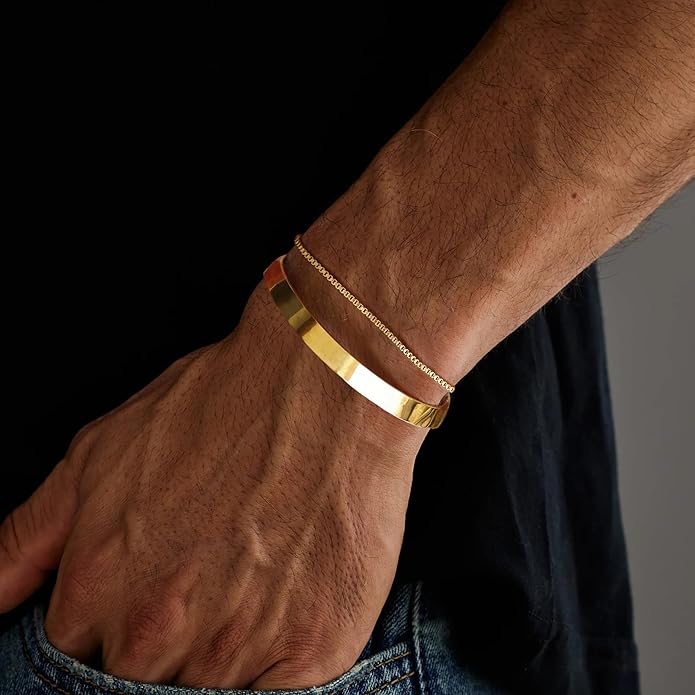 Moodear Stackable Bracelets for Men - Dainty 925 Sterling Silver/14K Gold Plated Cuff Snake Box Cuban Link Chain Bangle Bracelet Set Mens Jewelry