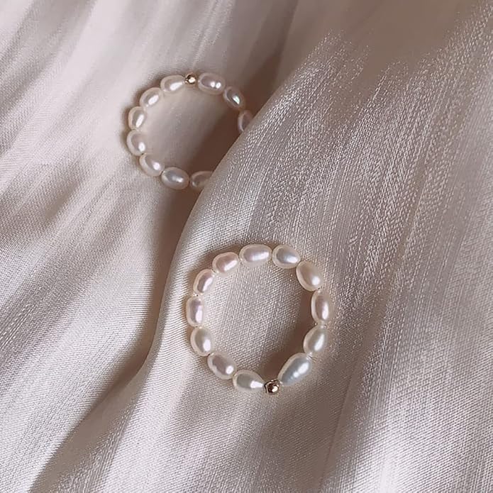 Vintage Boho Cultured Pearl Adjustable Beaded Wrap Ring,Trendy Elastic Freshwater Pearl Rings for Women,Fashion Heart Shell Stacking Rings for Men