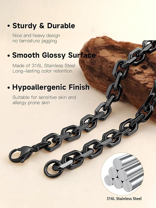 Hoyazvet Cable Chain Stainless Steel Necklace for Men Women, 3/5/8/10/13MM Width, 18K Gold Plated/Black Metal/316L Stainless Steel Sturdy Rolo Link Chain Necklace, 18-30inch Length
