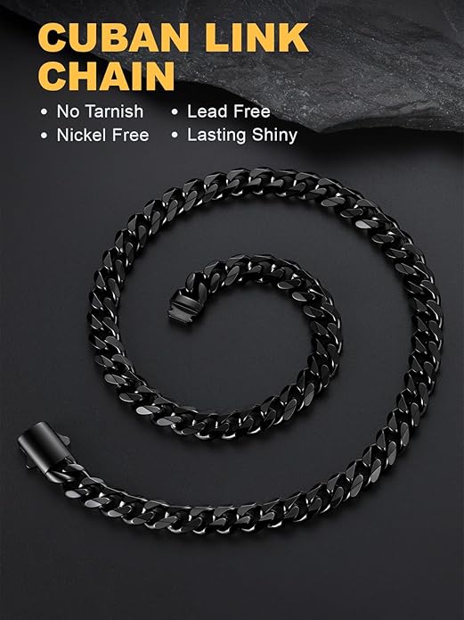 U7 Cuban Link Chain Necklace for Men, Stainless Steel/Black/Gold Mens Necklaces, Chunky Curb Chain Necklace in 6/9/12mm Width 18-30 Inches, Thick Choker Jewelry with Box Packed