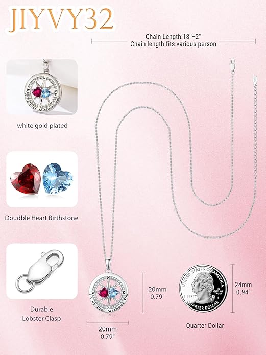 Compass Birthstones Necklace for Women, Exquisite Anniversary Birthday Gifts for Wife Her Double Birthstone Pendant jewelry ‘I'd be Lost Without You’