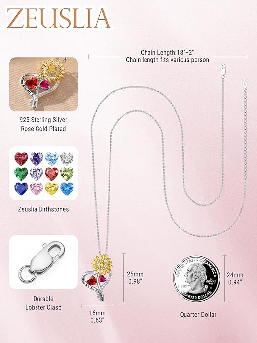 Zeuslia Double Birthstone Necklace Gifts for Wife - 925 Sterling Silver Sunflower/Rose/Crown Cross/Compass/Heart Pendant I Love You Necklace, Anniversary Birthday Gifts for Wife Girlfriend Mom Her
