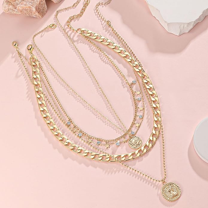 MJartoria Layered Necklaces for Women Trendy Retro Coin Pendant Necklace Dainty Chunky Chain Choker Necklaces for Jewelry Birthday Gifts