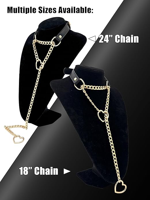 Black Leather Choker Collar For Women, Handmade Heart Slip Chain Choker Long Necklace with Adjustable Buckle