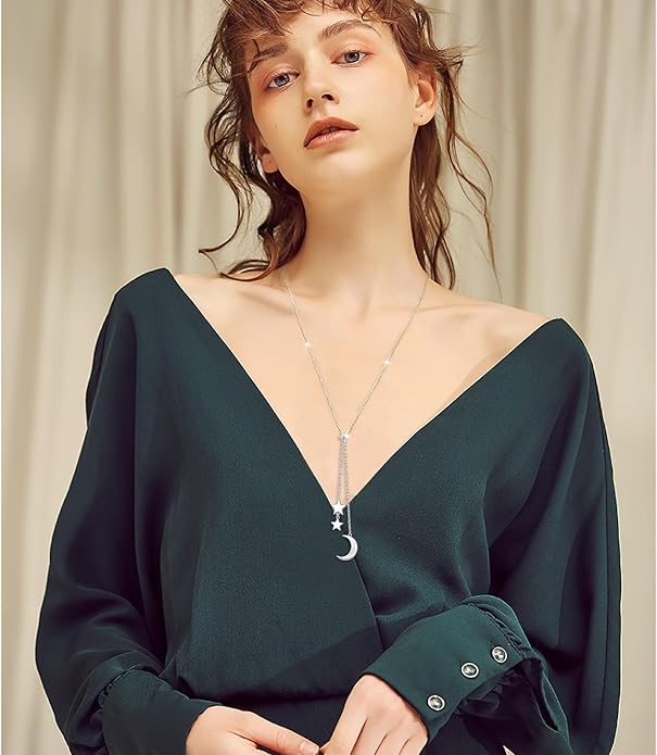 Long Chain Dainty Necklace Simple Style 925 Sterling Silver Star Moon Pendant Adjustable Y Shaped Necklace Jewelry for Women
