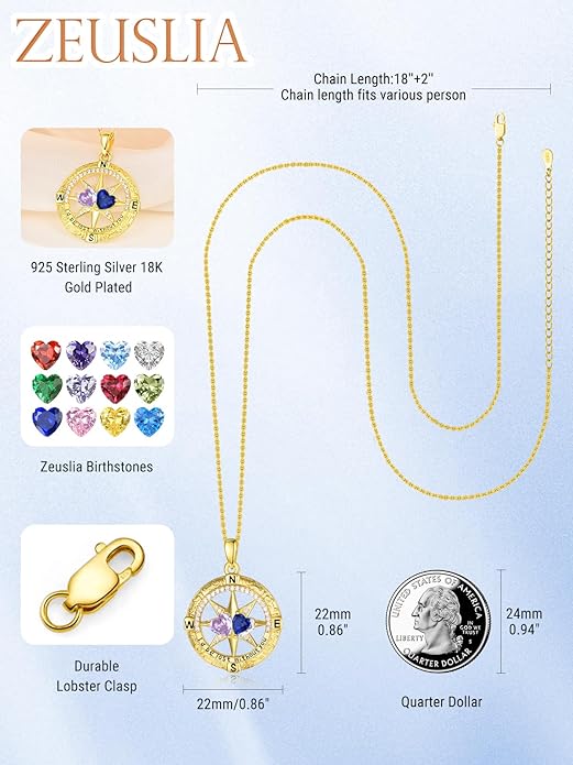 Zeuslia Double Birthstone Necklace Gifts for Wife - 925 Sterling Silver Sunflower/Rose/Crown Cross/Compass/Heart Pendant I Love You Necklace, Anniversary Birthday Gifts for Wife Girlfriend Mom Her