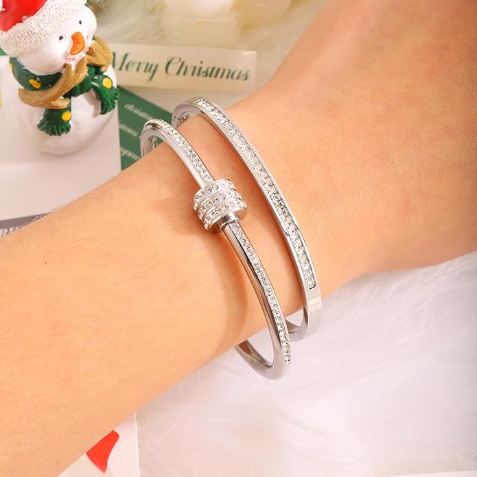 Silver Bangles for Women - Stainless Steel Love & Friendship Bracelet Set with Gift Box | Daily Wear & Party Jewelry
