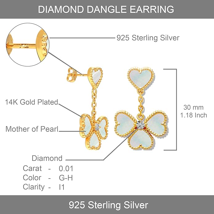 LeCalla 925 Sterling Silver Drop Earrings | Mother of Pearl Clover Earring | Mother of Pearl Stud Earring | Zirconia MOP Drop Dangle Hoop Earrings for Women