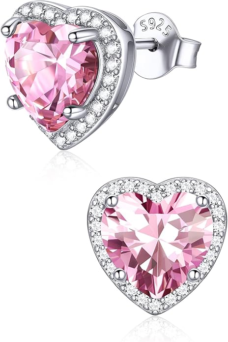 ChicSilver 925 Sterling Silver Birthstone Earrings for Women, 8MM/2 Carat Heart & Round Cubic Zirconia Stud Earrings, Hypoallergenic Jewelry, Ideal Birthday or Christmas Gifts