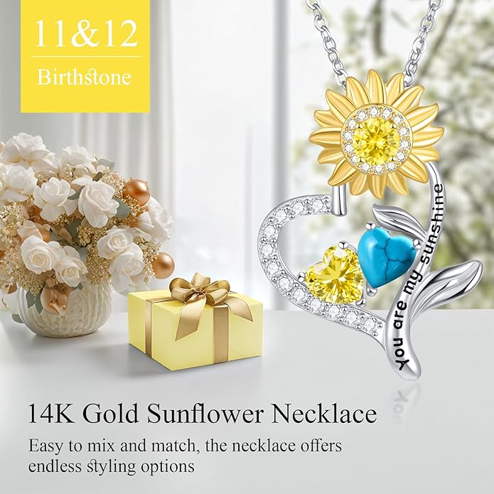 PERJI Valentine's Day Gifts for Women - 925 Sterling Silver Double Birthstone Sunflower Necklace, Anniversary Birthday Jewelry You are My Sunshine Gifts for Wife Couple Girlfriend 18"+2" Non Tarnish