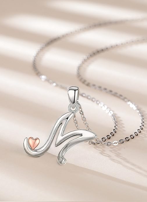CELESTIA 925 Sterling Silver Initial Necklaces 26 Letter with Rose Gold Heart - 18 Inch Chain