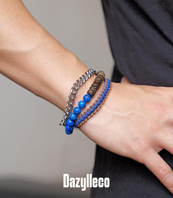 3pc Mens Beaded Bracelets Silver Stainless Steel Chain Bracelet for Men Handmade Braided Bracelet Sets Jewelry Gifts for Men