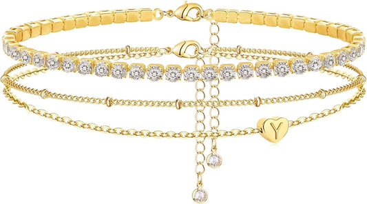 Yanoda Initial Ankle Bracelets for Women, 14K Gold Plated Waterproof Dainty Layered Heart Letter Initial Anklets Personalized Gifts