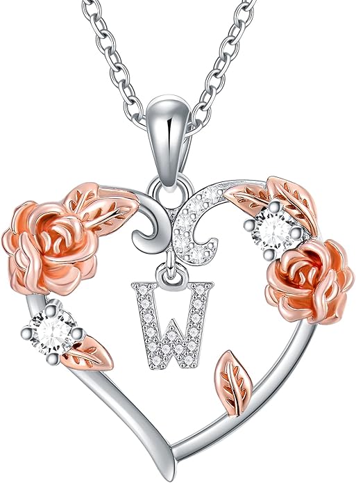 AOBOCO Rose Heart Necklaces Valentines Gifts for Women, 925 Sterling Silver Rose Love Heart Initial Letter Pendant Necklace Jewelry Mothers Day Christmas Birthday Gifts for Her Mom Wife Girlfriend