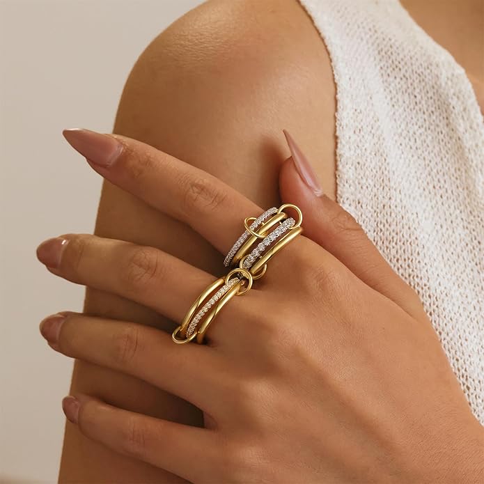 FUSAHURIY 2PCS Gold Stackable Rings Set for Women, 14K Gold Plated Interlocking Linked Rings with Cubic Zirconia, Gold Silver Mixed Metal Stackable Ring, Statement Jewelry Gifts