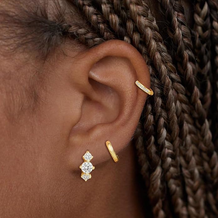 3Pairs Small Gold Huggie Hoop Earrings for Women,Romantic heart,Twisted braid two colors,3 CZ Hoop,5 Round Zircon Sport Hoops Earrings Set,14K Gold Filled Silver Hypoallergenic Earring Excellent gift