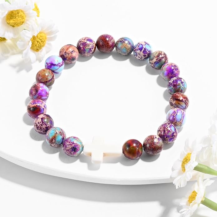 VIBILIA Cross Beaded Bracelets for Women, Inspirational Natural Heart Religious Bracelets for Women, Birthday Christian Gifts for Women on Thanksgiving Christmas Gifts