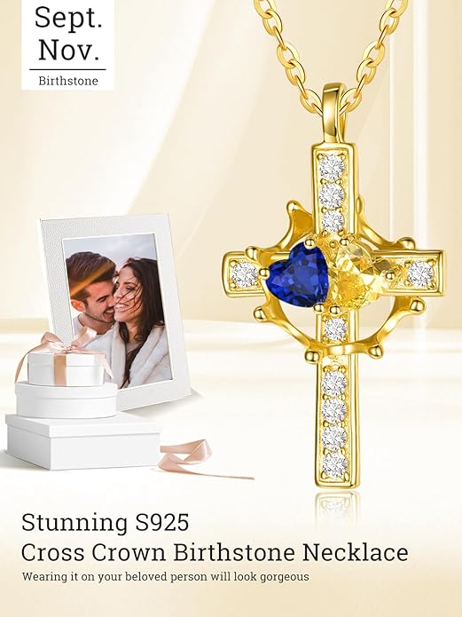 Zeuslia Double Birthstone Necklace Gifts for Wife - 925 Sterling Silver Sunflower/Rose/Crown Cross/Compass/Heart Pendant I Love You Necklace, Anniversary Birthday Gifts for Wife Girlfriend Mom Her