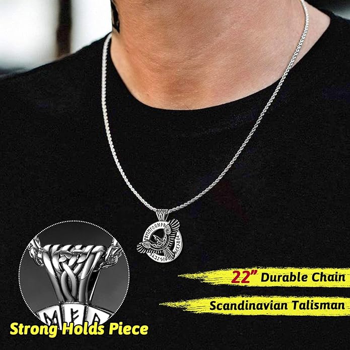 FaithHeart Viking Raven Necklace for Men, Norse Mythology Raven Skull Pendant Sturdy Stainless Steel Amulet Jewelry Gift for Men