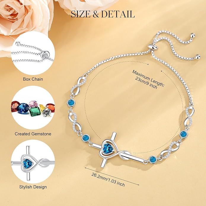 FANCIME Gift for Women Cross Bracelet 925 Sterling Silver Heart Birthstone Bracelet Fine Jewelry Birthday Gifts for Her Women