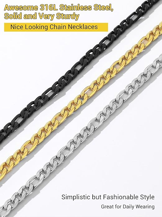 PROSTEEL 316L Stainless Steel Figaro Cuban Chain Necklace for Men, Black/18K Real Gold Plated, 4/5/6/7.5/9/10/13mm, 14inch-30inch, Come with Box