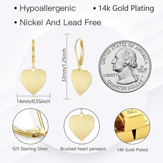 14K Gold Dangle Earrings for Women，Lightweight Circle Disc Coin Geometric Flat Brushed Drop Earrings, Hypoallergenic Leverback Earrings S925 Jewelry