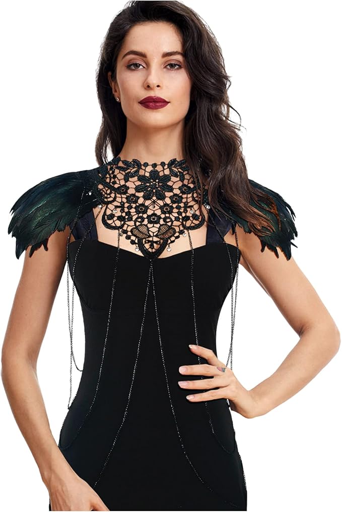 L'VOW Real Black Feather Harness Lace Collar Necklace Bib Halloween