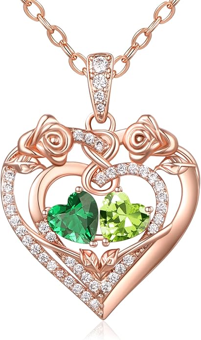 JIYVY32 Rose Heart Necklace for Women Exquisite 925 Sterling Silver Anniversary Birthday Gifts for Wife Mom Her Double Birthstone Pendant Jewelry