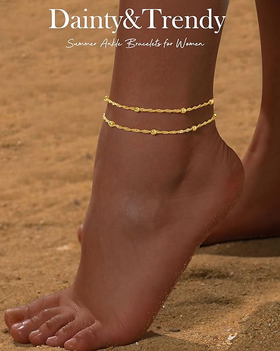 FUNEIA Gold Silver Ankle Bracelets for Women Waterproof 14K Gold Plated Anklets for Women Non Tarnish Dainty Layered Beaded Heart Anklet Set Summer Beach Foot Chain Jewelry Gifts Trendy Stuff