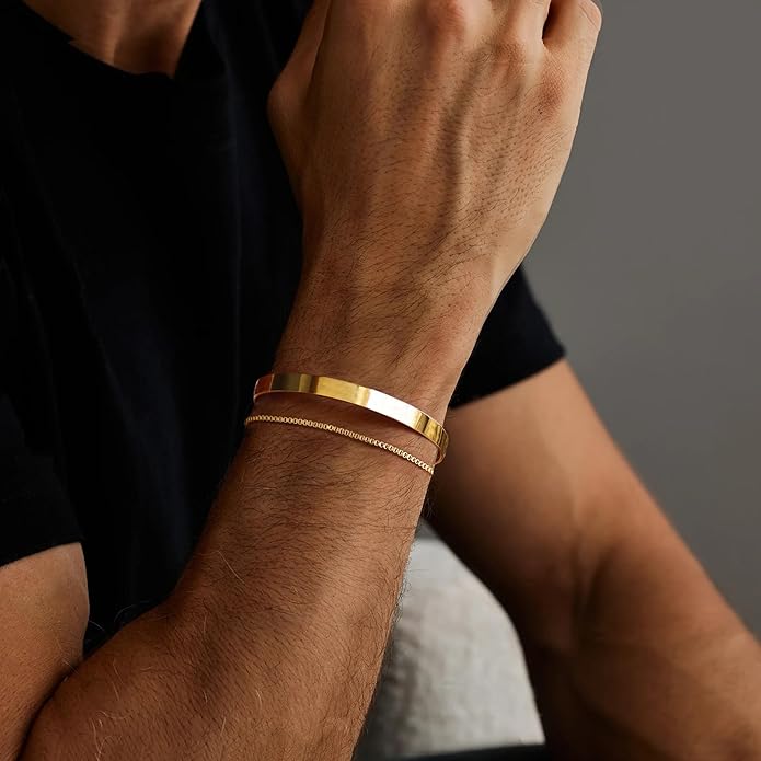 Moodear Stackable Bracelets for Men - Dainty 925 Sterling Silver/14K Gold Plated Cuff Snake Box Cuban Link Chain Bangle Bracelet Set Mens Jewelry