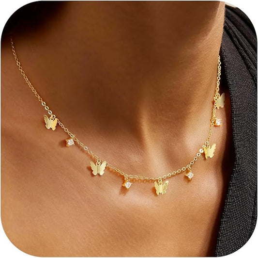 Yoosteel Dainty Gold-plated Clover Pearl Heart Butterfly Star flower Choker Necklace for Women - 14K Gold Plated Cubic Zirconia Pendant Station Necklaces for Women Teens Trendy Prom Jewelry Gifts